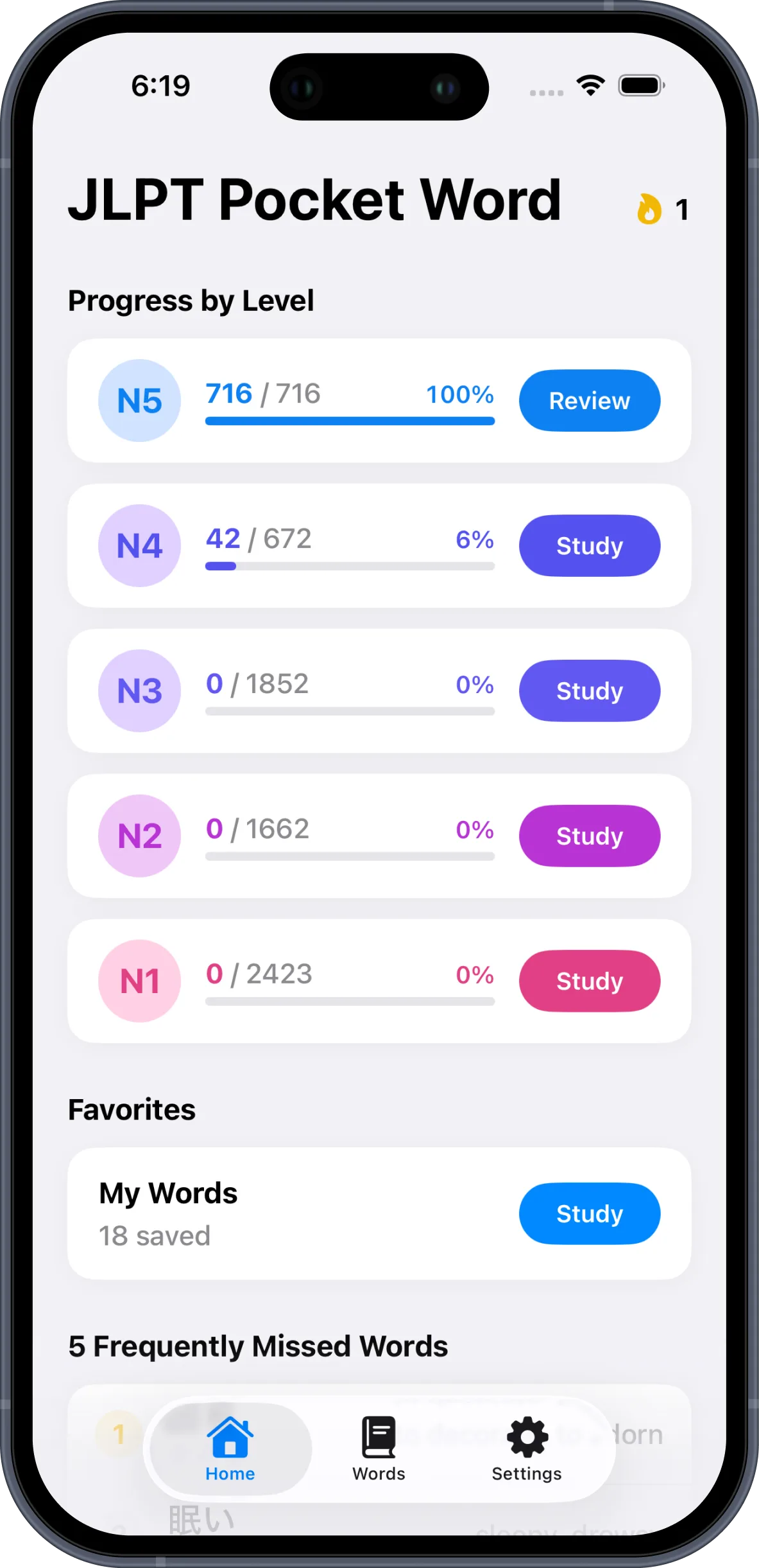 JLPT Pocket Word — Level dashboard