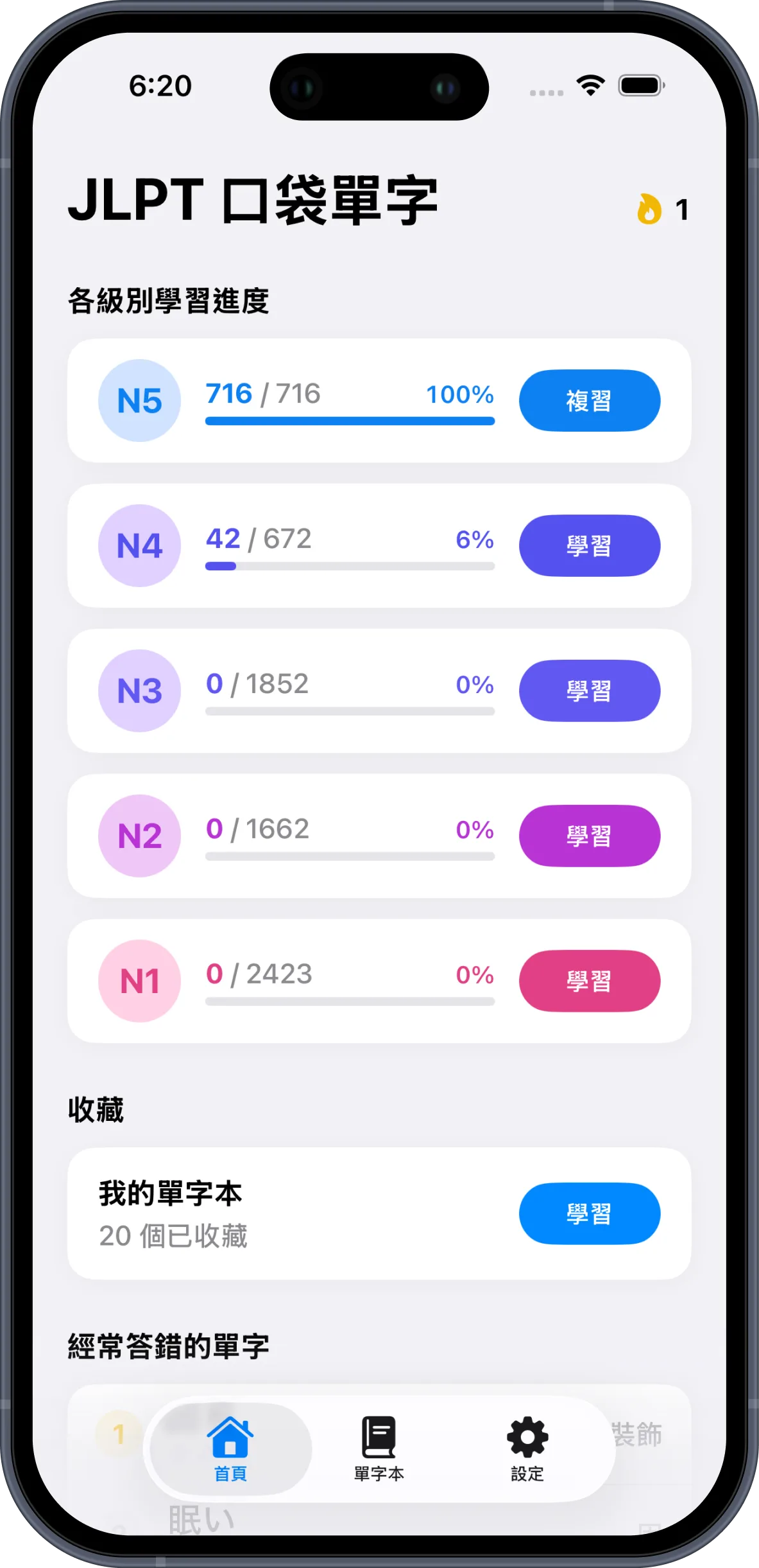 JLPT 口袋單字:日文學習與日檢 — 級別學習進度